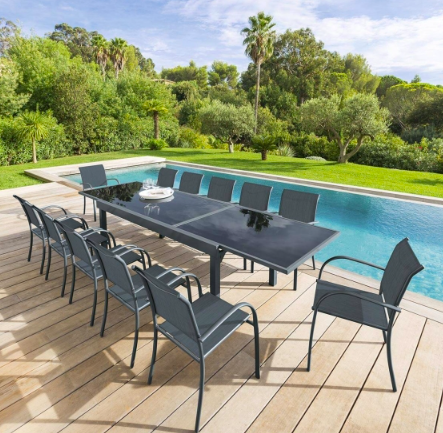 OFFRE SPÉCIALE : Table de jardin extensible Piazza verre 12 pers + 6 fauteuils Piazza Anthracite & Graphite