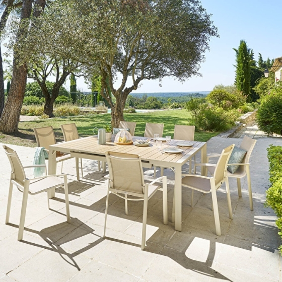 Table de jardin extensible carrée ÉVASION Effet bois Lin & Argile