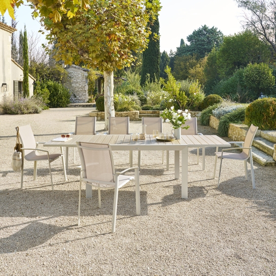 Table de jardin extensible coulissante ÉVASION Effet bois Lin & Argile